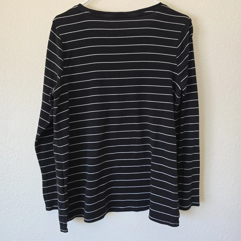 J. Jill Women Pima Cotton Crew Neck Long Sleeve Top Black Stripe Cozy Comfy Sz L